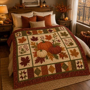 May include: A rectangular quilt featuring a central panel with orange, red, and white pumpkins surrounded by autumn leaves and berries. The border consists of alternating squares and rectangles in shades of green, brown, and red with leaf motifs.