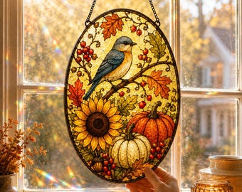 Bluebird Fall Suncatcher, Sunflower Pumpkin Acrylic Window Hanging, Autumn Bird Decor, Harvest Window Ornament, Thanksgiving Gift