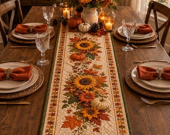 Fall Table Runner, Thanksgiving Sunflower Pumpkin Table Decor, Autumn Quilted Table Runner, Harvest Farmhouse Dining Table Decoration