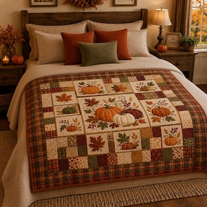 May include: A patchwork quilt featuring a central square with embroidered pumpkins and autumn leaves, surrounded by smaller squares with pumpkin and leaf motifs in shades of orange, green, and brown, finished with a plaid border in matching colors.