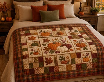 Pumpkin Patchwork Quilt Blanket, Autumn Plaid Throw, Fall Farmhouse Bedding, Thanksgiving Sofa Blanket, Cozy Harvest Home Decor