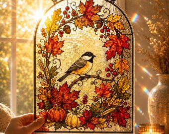 Chickadee Fall Suncatcher, Autumn Acrylic Window Hanging, Maple Leaf Pumpkin Decor, Harvest Bird Ornament, Thanksgiving Gift