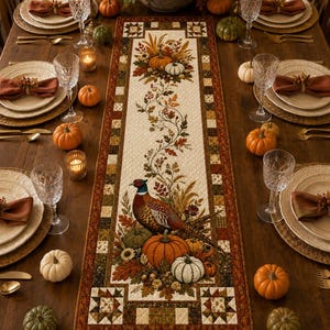 a beautifully set table for a Thanksgiving dinner, with a centerpiece featuring a bird surrounded by autumn foliage and pumpkins. The table is adorned with plates, glasses, and other tableware, creating an inviting and festive atmosphere.
