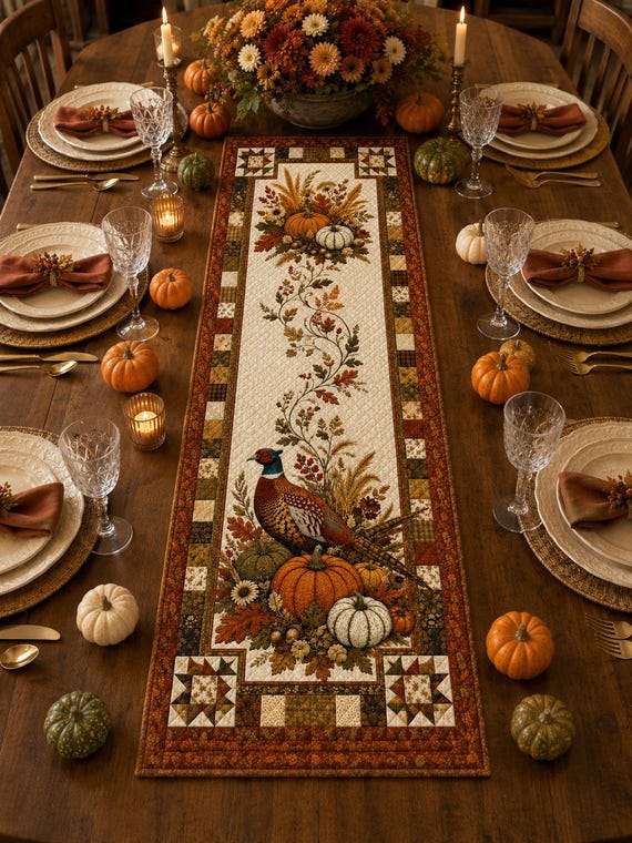 Pheasant Quilted Table Runner, Thanksgiving Pumpkin Harvest Table Decor, Autumn Country Home Centerpiece