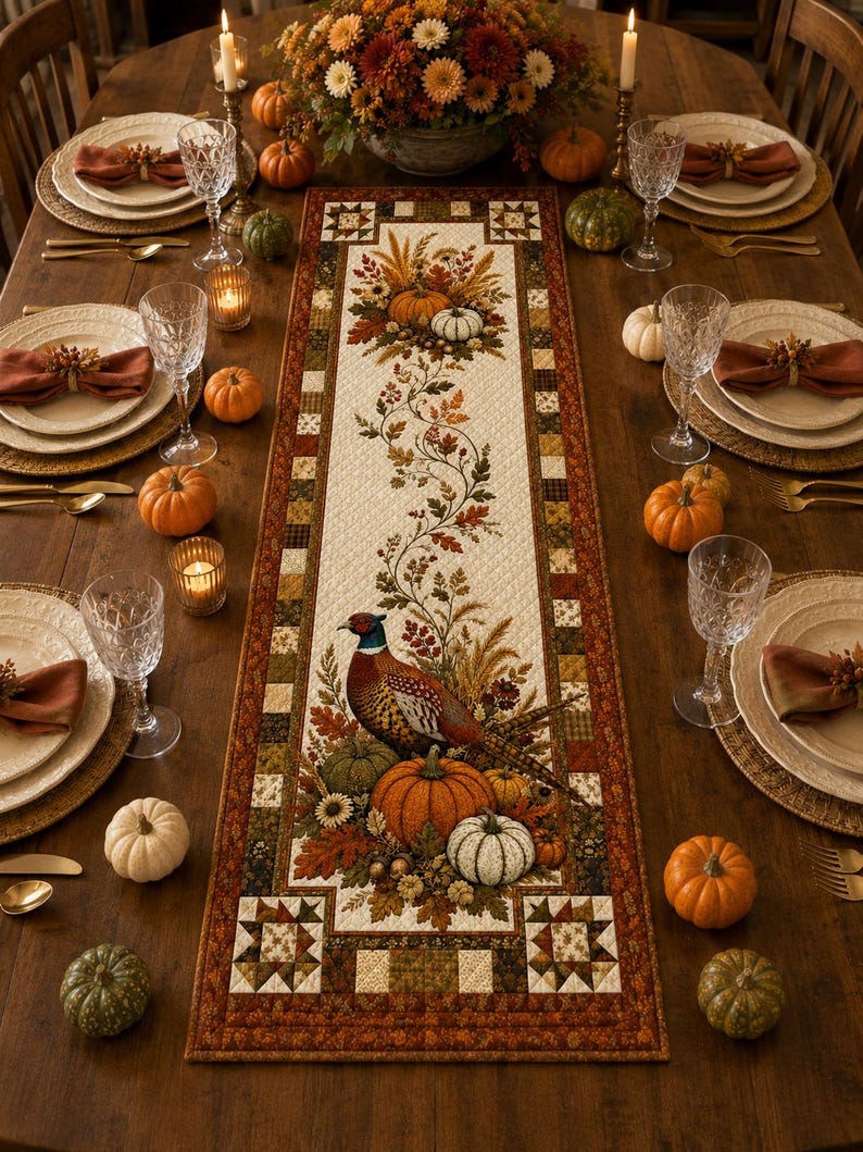 a beautifully set table for a Thanksgiving dinner, with a centerpiece featuring a bird surrounded by autumn foliage and pumpkins. The table is adorned with plates, glasses, and other tableware, creating an inviting and festive atmosphere.