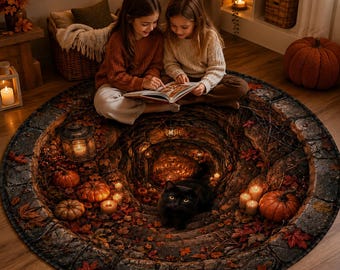 3D Halloween Round Rug, Optical Illusion Vortex Carpet, Spooky Black Cat Witch Floor Mat, Pumpkin Raven Magic Doormat, Fall Home Decor