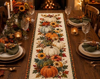 Fall Pumpkin Table Runner, Quilted Autumn Table Decor, Thanksgiving Dining Room Centerpiece, Harvest Pumpkin Kitchen Gift