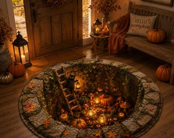 3D Fall Floor Rug, Cozy Harvest Home Decor, Cottagecore Fall Area Rug, Pumpkin Mushroom Seasonal Floor Mat