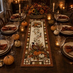 a beautifully set table for a meal, with a centerpiece of a floral arrangement and autumn-themed decorations. The table is set with plates, glasses, and other tableware, creating an inviting and festive atmosphere.