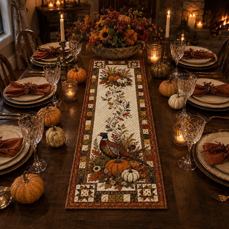 a beautifully set table for a meal, with a centerpiece of a floral arrangement and autumn-themed decorations. The table is set with plates, glasses, and other tableware, creating an inviting and festive atmosphere.