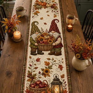 Fall Gnome & Sunflower Table Runner, Quilted Autumn Pumpkin Decor, Harvest Autumn Vibe
