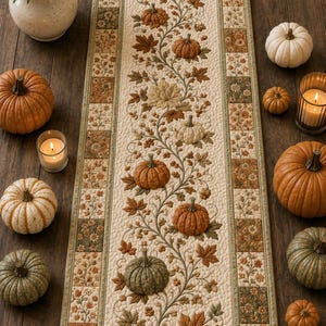 May include: A rectangular quilted table runner featuring a central cream-colored panel with an embroidered vine pattern of orange, green, and white pumpkins and autumn leaves, bordered by a patchwork frame of floral and botanical fabric squares.