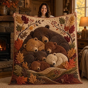 May include: A rectangular quilt featuring a central illustration of a family of five bears sleeping together, surrounded by a border of autumn leaves and berries in shades of orange, red, brown, and green, with a textured, quilted surface.