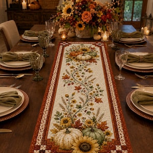 Fall Pumpkin Table Runner, Autumn Sunflower Thanksgiving Table Runner, Harvest Farmhouse Decor, Rustic Seasonal Home Accent