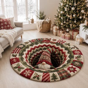 May include: A round quilted rug featuring a 3D optical illusion of a deep hole in the center, decorated with red, green, and cream Christmas patterns including snowflakes, holly, and plaid, with a gnome figure emerging from the center.