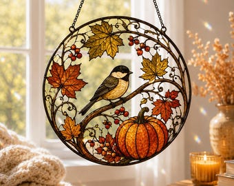 Autumn Bird Suncatcher, Pumpkin Acrylic Window Hanging, Fall Maple Leaf Decor, Chickadee Window Ornament, Thanksgiving Gift
