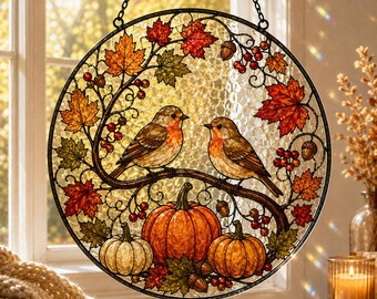 Autumn Birds Suncatcher, Pumpkin Acrylic Window Hanging, Fall Maple Leaf Decor, Harvest Bird Ornament, Thanksgiving Home Gift