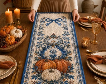 Blue Pumpkin Table Runner, Chinoiserie Quilted Fall Table Decor, Autumn Harvest Dining Centerpiece, Thanksgiving Kitchen Gift