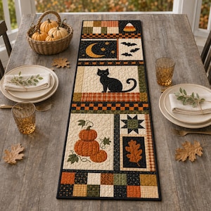 Halloween Quilt Table Runner, Black Cat Pumpkin Patchwork Runner, Fall Table Decor, Spooky Autumn Farmhouse Runner, Halloween Dining Decor