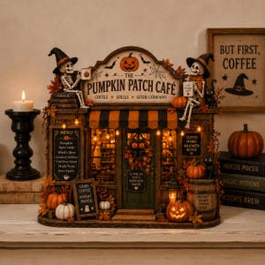 May include: A miniature Pumpkin Patch Cafe building with skeletons in witch hats, orange and black striped awnings, pumpkins, and autumn leaves. The sign reads The Pumpkin Patch Cafe, Coffee Spells Good Company, and includes a menu with spooky drink names.