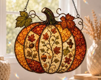 Fall Pumpkin Suncatcher, Autumn Acrylic Window Hanging, Maple Leaf Pumpkin Decor, Thanksgiving Window Ornament, Fall Home Decor