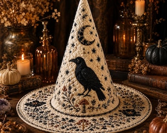Raven Moon Witch Hat Quilt Decor, Celestial Crow Patchwork Witch Hat, Gothic Floral Halloween Table Centerpiece, Spooky Fall Home Decor