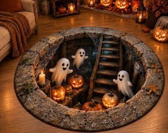 3D Ghost Basement Halloween Rug, Deep Hole Illusion Floor Mat, Spooky Ghost Carpet, Haunted Staircase Rug, Halloween Home Decor