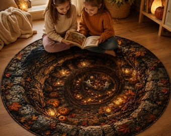 3D Halloween Round Rug, Optical Illusion Vortex Carpet, Spooky Black Cat Witch Floor Mat, Pumpkin Raven Magic Doormat, Fall Home Decor