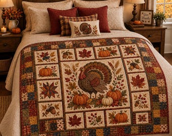 Thanksgiving Turkey Quilt, Fall Harvest Patchwork Blanket, Pumpkin Autumn Throw, Rustic Farmhouse Thanksgiving Decor, Cozy Fall Bedding