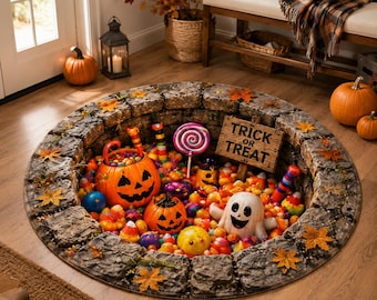 Halloween Trick or Treat 3D Illusion Rug, Candy Pit Floor Mat, Pumpkin Ghost Halloween Decor, Spooky Round Rug, Fall Entryway Carpet