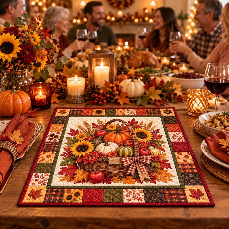 Autumn Harvest Quilted Table Placemat, Thanksgiving Pumpkin Floral ...
