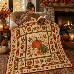 May include: A rectangular quilt featuring a central panel with orange, white, and green pumpkins surrounded by autumn leaves. The border displays a repeating pattern of star blocks, orange flowers, and green vines on a cream-colored background.