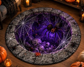 3D Spider Cave Halloween Rug, Deep Hole Illusion Floor Mat, Spooky Spider Web Carpet, Haunted Halloween Decor, Round Trick Rug
