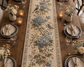 Blue Hydrangea Quilted Table Runner, Floral Bird Dining Table Decor, Cottagecore Farmhouse Runner, Spring Summer Kitchen Decor
