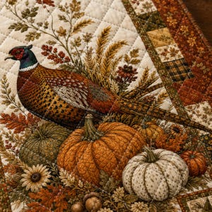 May include: A quilted fabric runner featuring a printed scene of a pheasant, pumpkins, and autumn foliage. The design includes a cream-colored background with diamond-shaped stitching and a border of patchwork squares in shades of brown and tan.