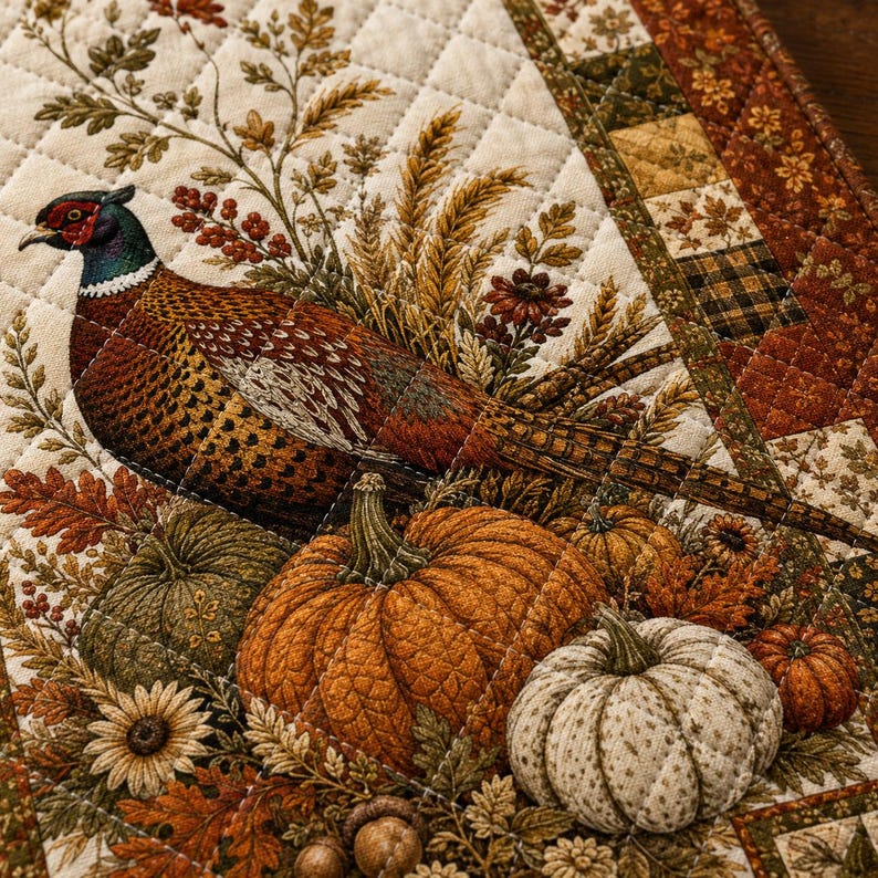 May include: A quilted fabric runner featuring a printed scene of a pheasant, pumpkins, and autumn foliage. The design includes a cream-colored background with diamond-shaped stitching and a border of patchwork squares in shades of brown and tan.