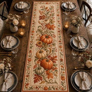 Pumpkin Botanical Quilt Table Runner, Orange Fall Floral Table Decor, Autumn Harvest Quilted Runner, Thanksgiving Cottage Farmhouse Decor