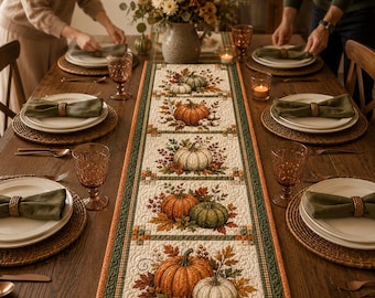 Pumpkin Patch Table Runner, Quilted Fall Dining Decor, Autumn Harvest Farmhouse Table Centerpiece, Thanksgiving Kitchen Gift