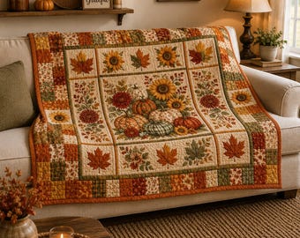 Fall Pumpkin Quilt, Sunflower Autumn Blanket, Thanksgiving Patchwork Throw, Harvest Farmhouse Quilt, Cozy Fall Home Decor
