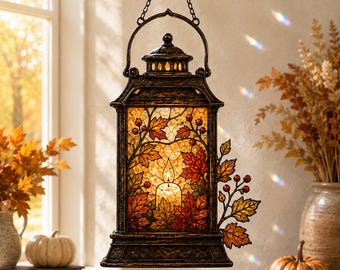 Fall Lantern Suncatcher, Window Hanging, Maple Leaf Lantern Decor, Thanksgiving Fall Window Ornament, Harvest Home Decor