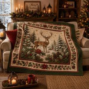 May include: A rectangular quilt featuring a central illustration of a deer standing in a snowy forest with pine trees. The border displays a pattern of holly leaves, red berries, and poinsettia flowers on a cream background with green edges.