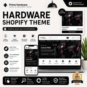 Peut inclure: Un affichage numérique d'un thème Shopify pour une quincaillerie nommée Prime Hardware. La mise en page présente un ordinateur portable et un smartphone affichant un site web avec des listes de produits pour outils électriques.