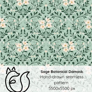 May include: A seamless pattern featuring a sage green background with dark green leafy vines and light pink flowers arranged in a damask layout. The image includes a black fox logo and text reading Sage Botanical Damask Hand-drawn seamless pattern 5500x5500 px 400 DPI.