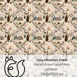 Patrón digital sin costuras de acogedora cabaña de montaña, estampado de tela y acolchado dibujado a mano, descarga de diseño textil para uso comercial.