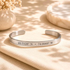 Custom Coordinates Engraved Cuff Bangle - Personalized Bracelet Silver, Gold or Stainless Steel