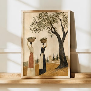 Olivenernte | Mediterrane Wandkunst | Toskanische Landschaft Poster | Rustikales Bauernhaus Dekor | Volkskunst Gemälde Kunstwerk Spanische Frauen Poster