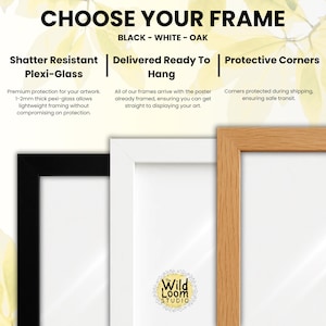 May include: Three rectangular picture frames in black, white, and oak wood finishes. Text includes CHOOSE YOUR FRAME, BLACK - WHITE - OAK, Shatter Resistant Plexi-Glass, Delivered Ready To Hang, and Protective Corners, with 1-2mm thickness noted.