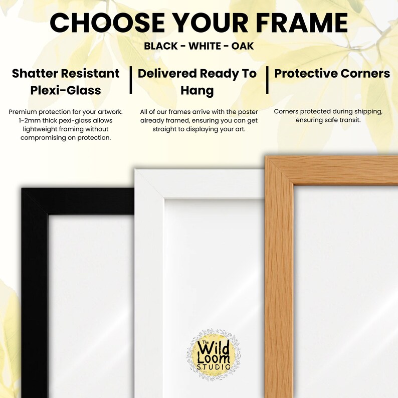 May include: Three rectangular picture frames in black, white, and oak wood finishes. Text includes CHOOSE YOUR FRAME, BLACK - WHITE - OAK, Shatter Resistant Plexi-Glass, Delivered Ready To Hang, and Protective Corners, with 1-2mm thickness noted.