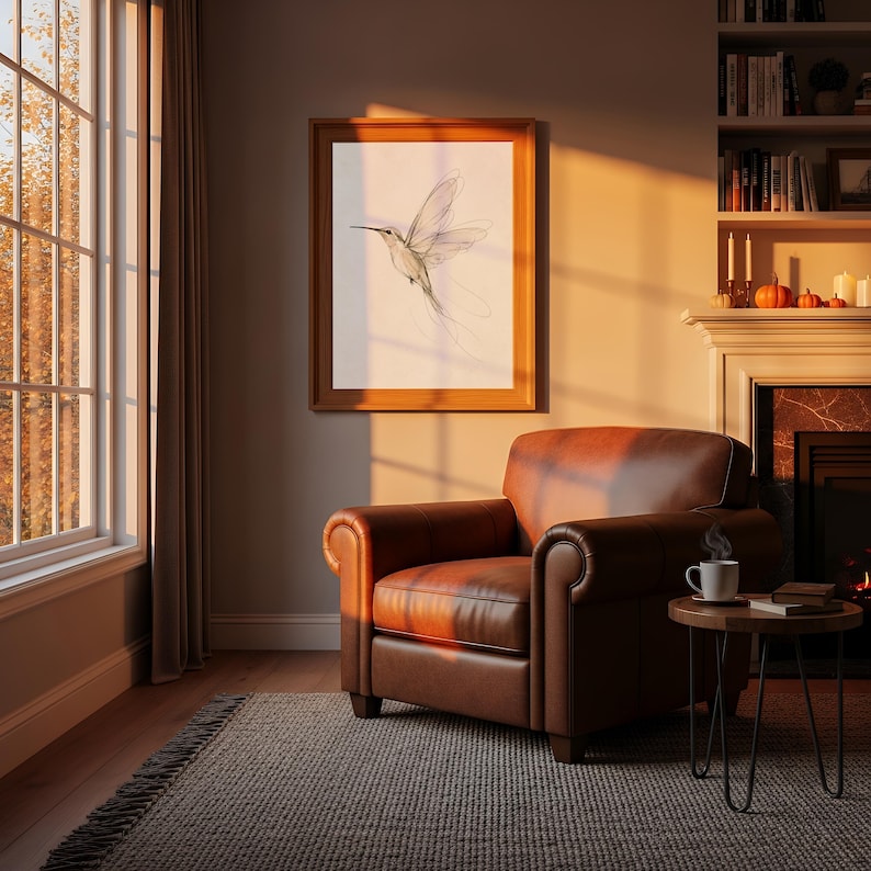 May include: A brown leather armchair with rolled arms, positioned next to a small round wooden side table holding a white mug. Above the chair hangs a framed wall art piece featuring a delicate line drawing of a hummingbird in flight.