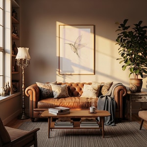 May include: A brown leather tufted sofa with patterned throw pillows and a gray knit blanket, positioned in front of a wall featuring a framed line drawing of a hummingbird. A wooden coffee table with stacked books sits in the foreground.